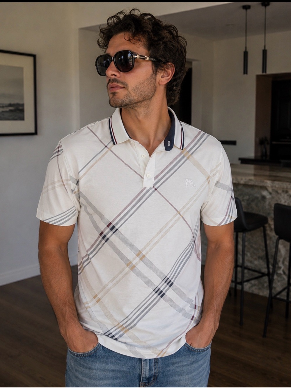 Burberry White Plaid Short-Sleeve Polo with Navy Trim
